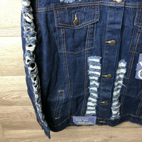 Ella Womens Size Large Dark Blue Distressed Denim Jacket NWT - Picture 3 of 7